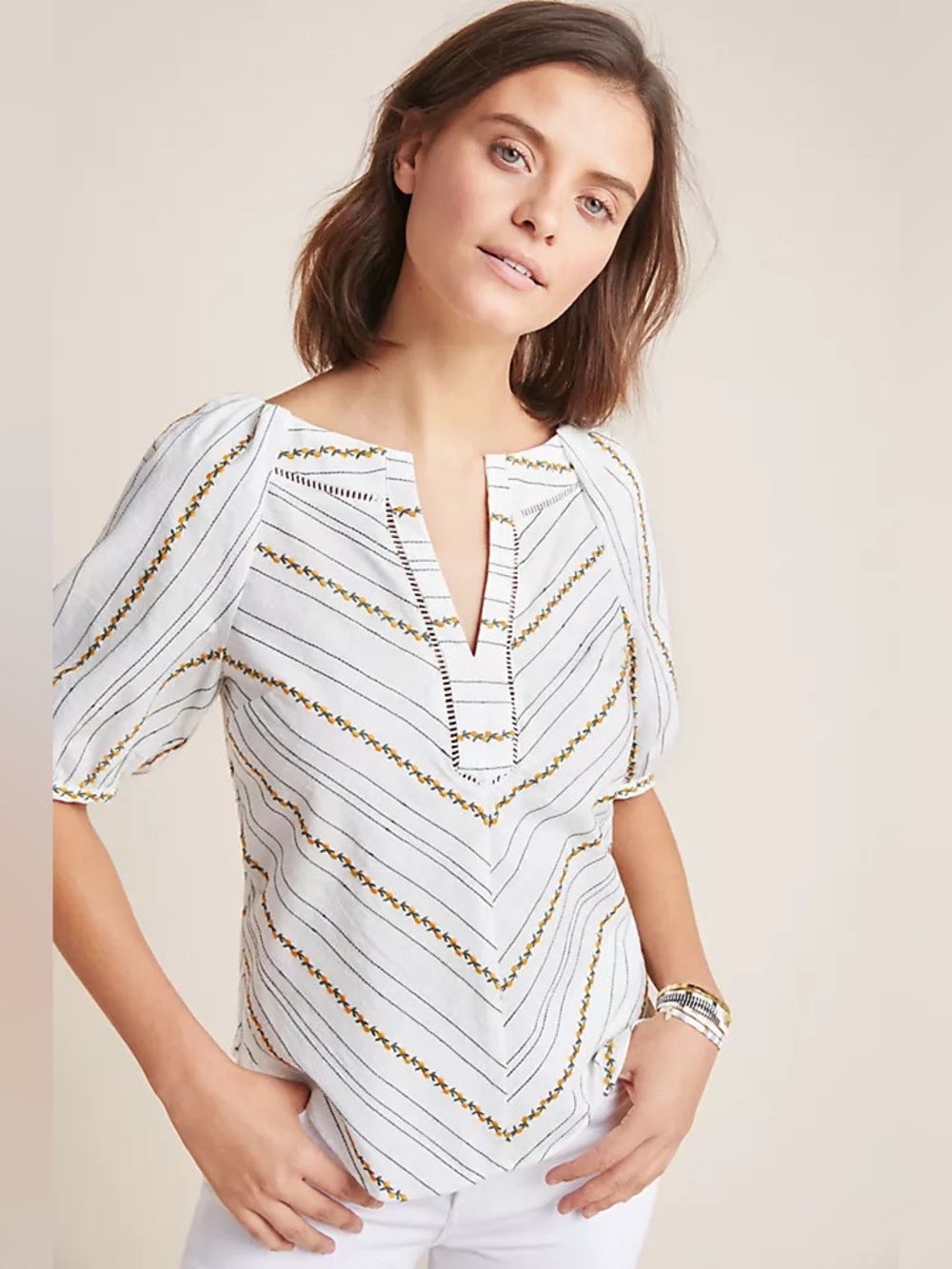 Anthropologie Maeve Fruit Puff-Sleeved Top Embroidered Chevron Split-Neck Top 12